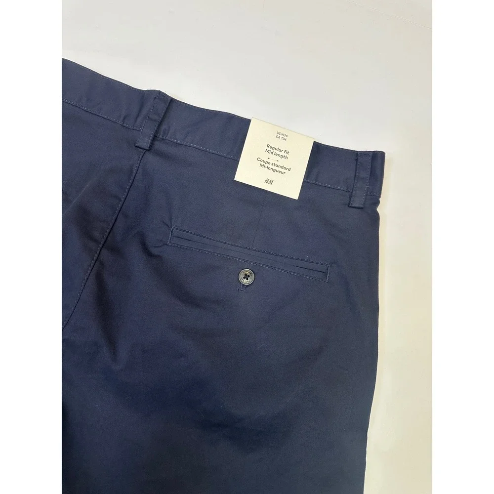 HM Regular Fit Mid Length Chino Shorts Navy Blue Cotton Twill Mens 34w NEW